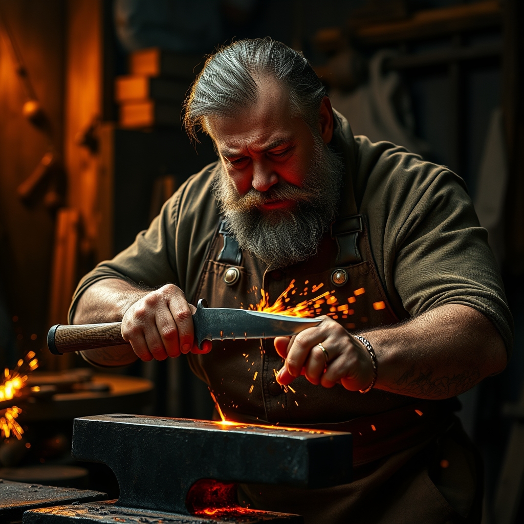 Bladesmith working hot steel at the forge